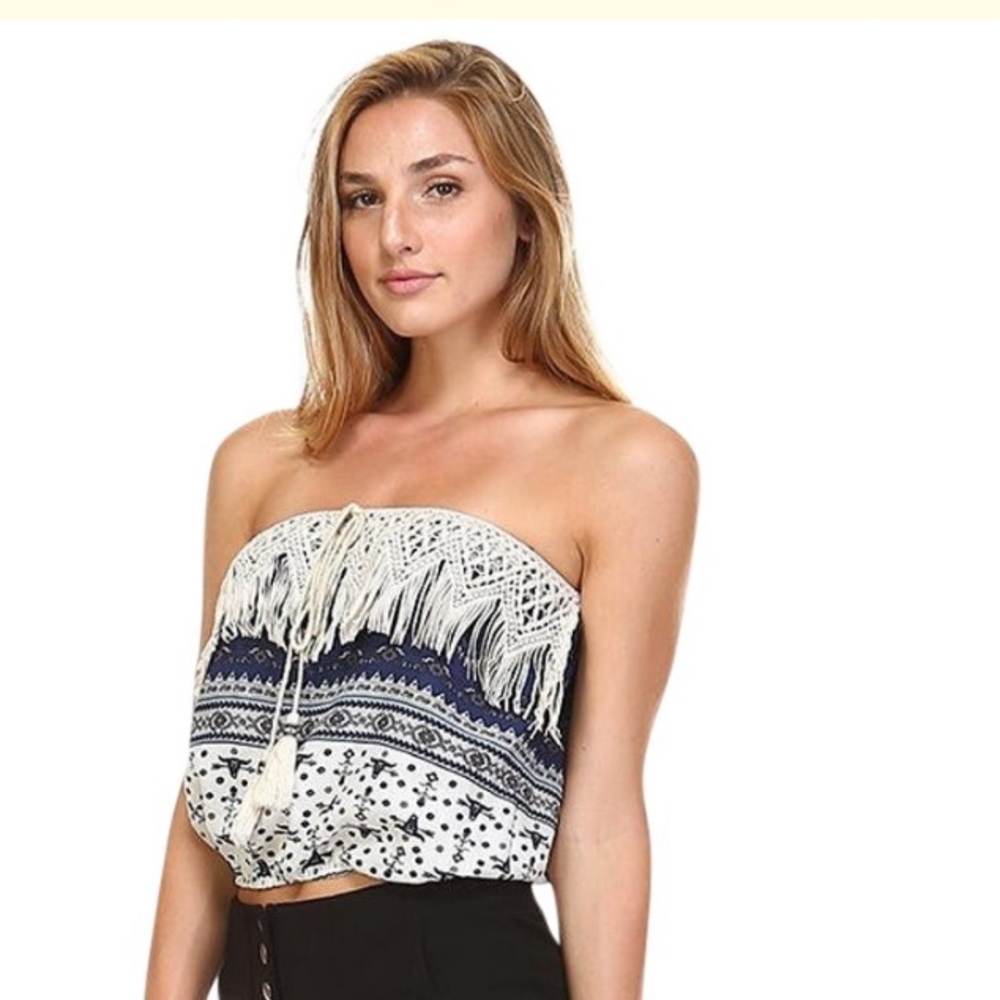 Essue E.Ssue Crochet Boho Fringe Blue White Crop Strapless Tube Top Tank Tee New